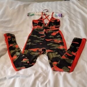 Fashion Nova Woman's Camo Jumpsuit with Orange Trim, Size: S